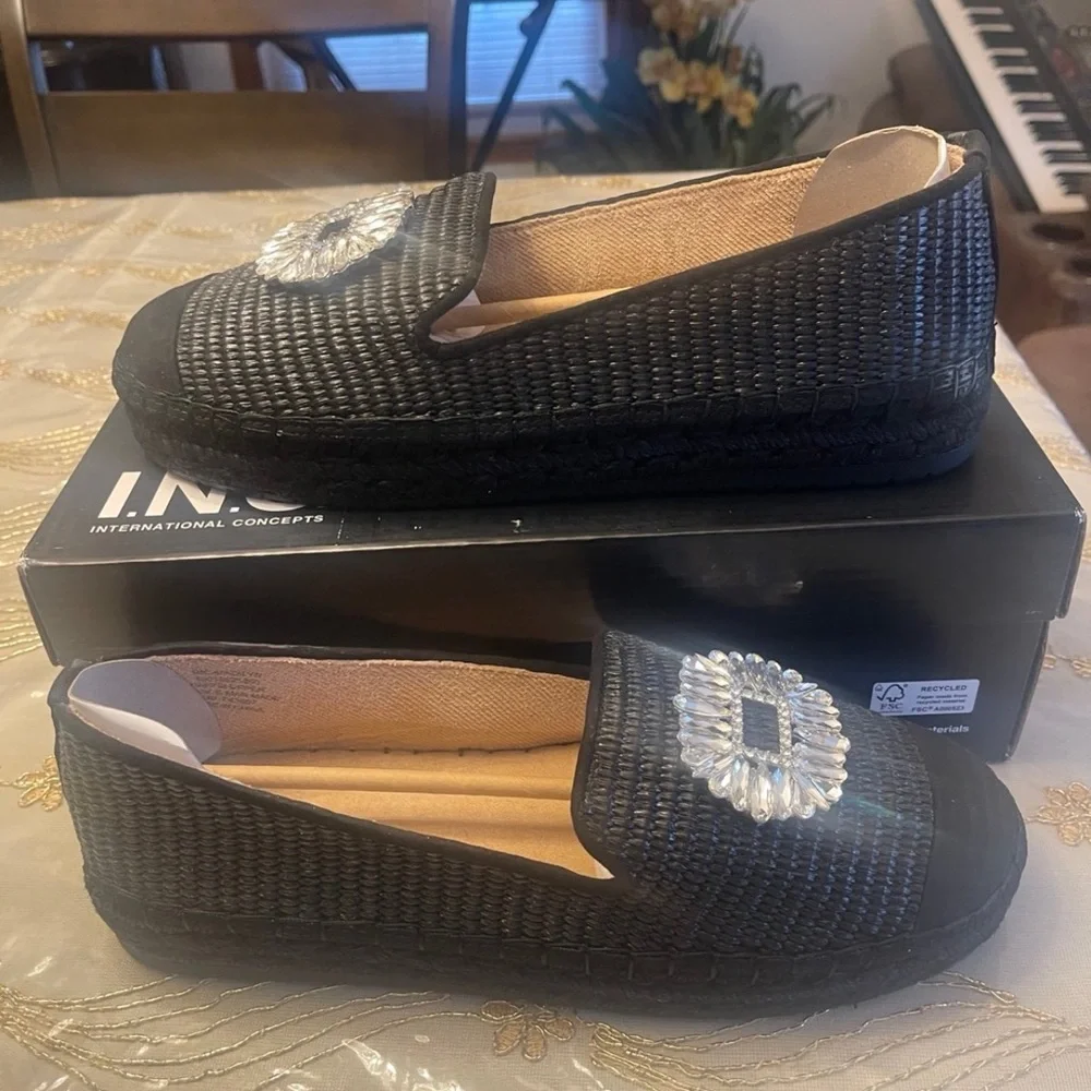 INC International Concepts Black Espadrille Loafers with Silver Accent Brooch